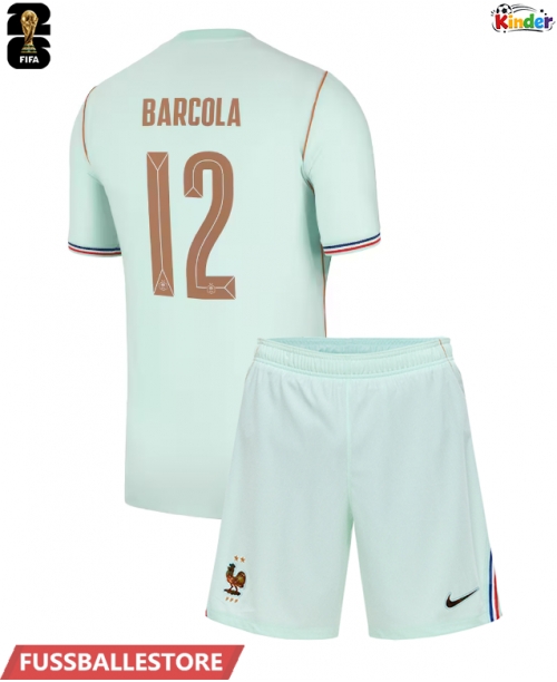 Günstige Frankreich Bradley Barcola #12 Auswärts Trikotsatzt Kinder WM 2026 Kurzarm (+ Kurze Hosen)